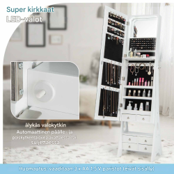 Valkoinen korukaappi peilillä ja LED-valaistuksella