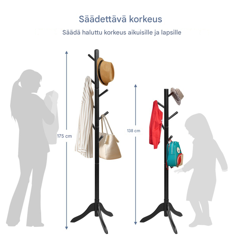 Säädettävä musta vaatepuu 8 koukulla kumipuusta