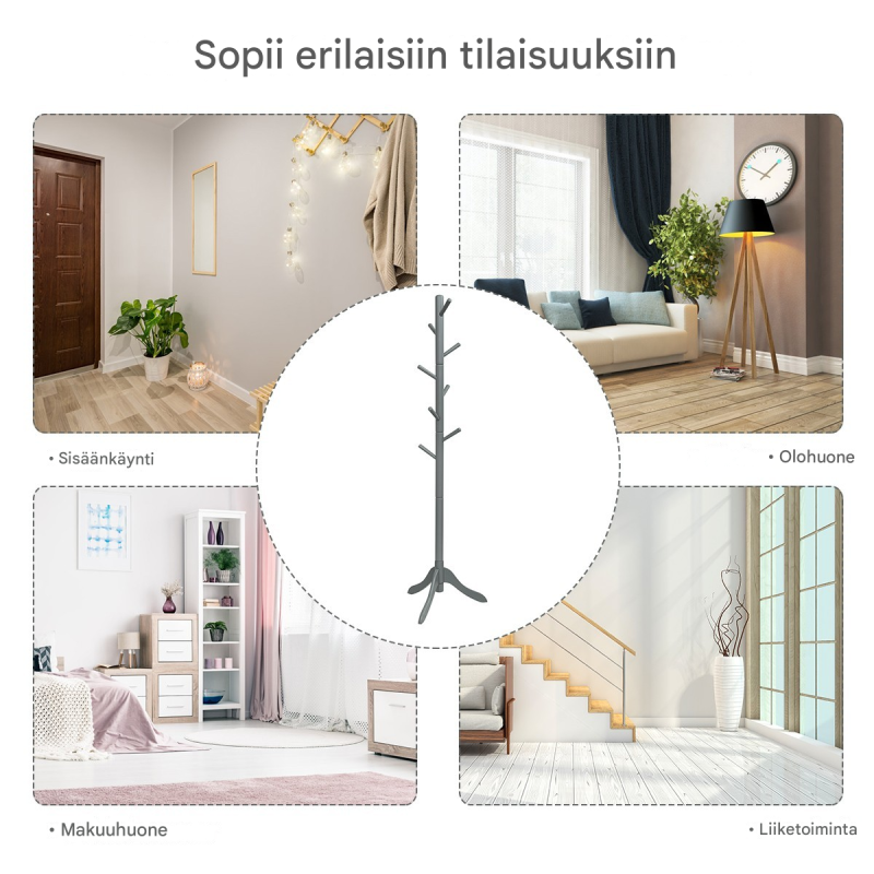 Säädettävä harmaa vaatepuu 8 koukulla, massiivipuuta