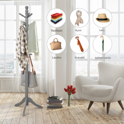 Vapaasti seisova harmaa vaatepuu 9 koukulla ja säädettävällä korkeudella