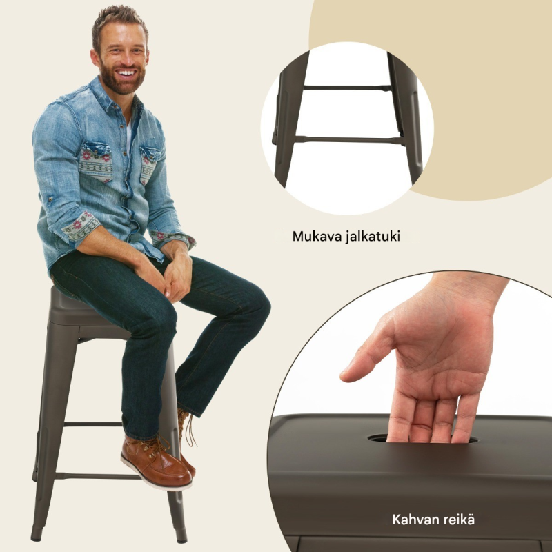 Neljän baarijakkaran setti, pinottava, harmaa-musta, 150 kg kantavuus