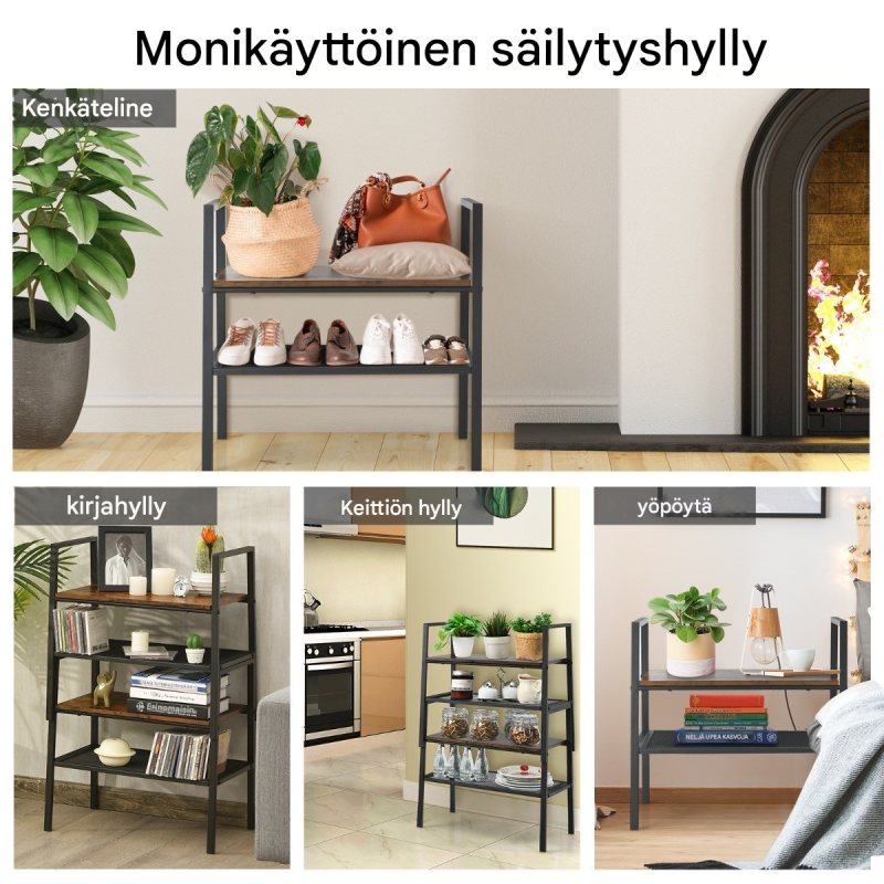Kaksitasoinen ruskea teollinen säilytyshylly puusta ja metallista Kaksitasoinen ruskea teollinen säilytyshylly puusta ja metallista