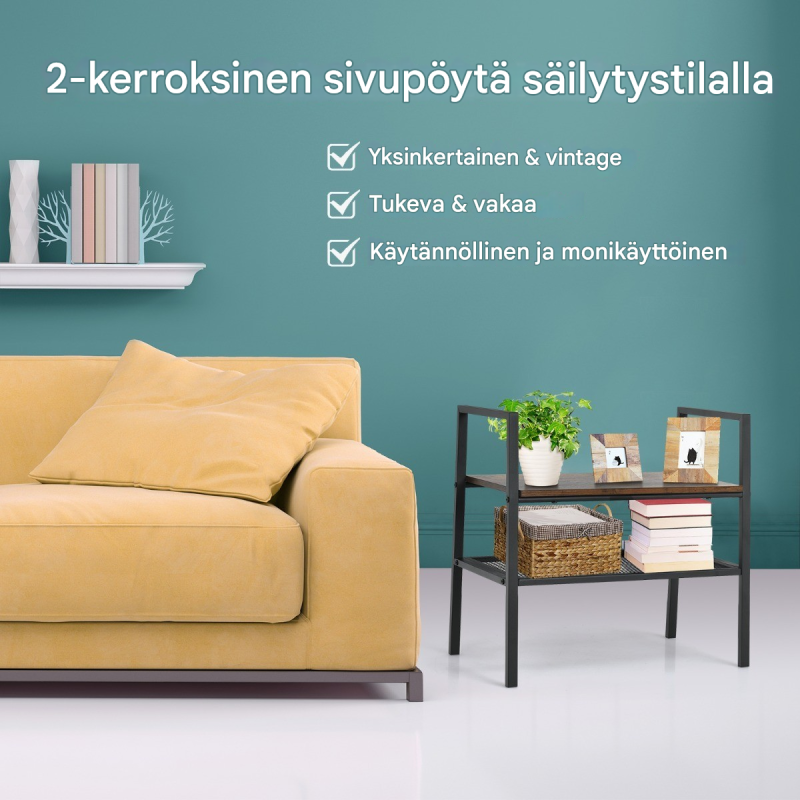 Kaksitasoinen ruskea teollinen säilytyshylly puusta ja metallista Kaksitasoinen ruskea teollinen säilytyshylly puusta ja metallista