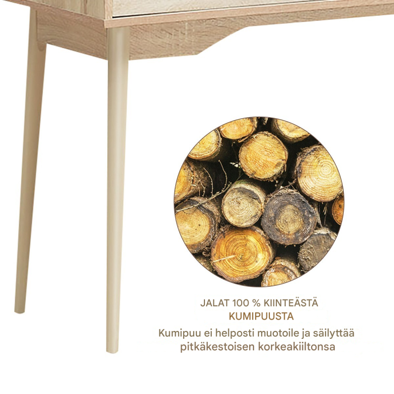 Monikäyttöinen tietokonepöytä laatikolla ja hyllyillä, luonnonväri