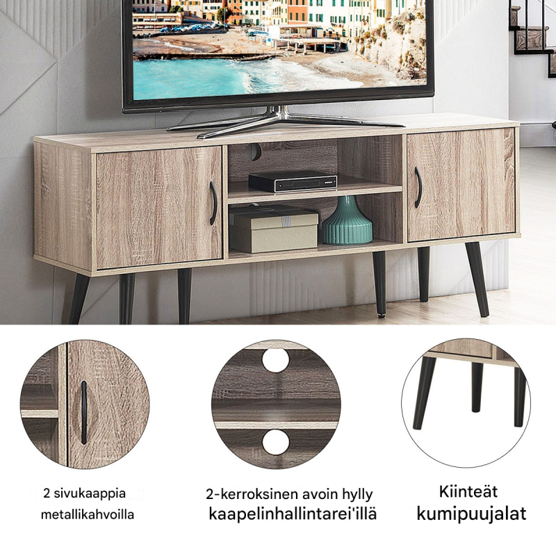 Retro-tv-kaappi harmaa, säilytystilaa ja massiivipuiset jalat