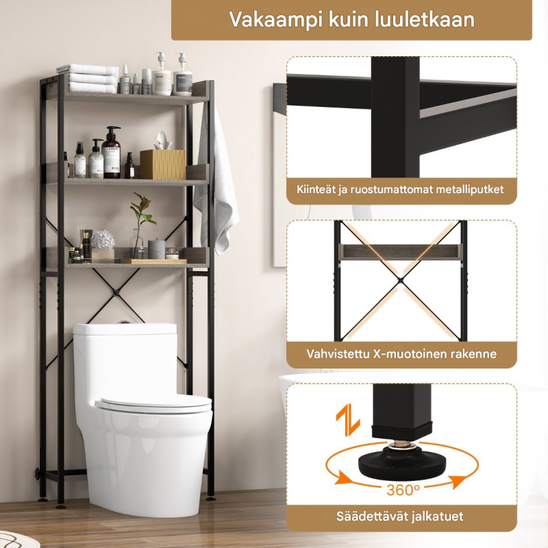 Kolmitasoinen harmaa wc-hyllykkö säädettävillä jaloilla ja koukuilla Kolmitasoinen harmaa wc-hyllykkö säädettävillä jaloilla ja koukuilla