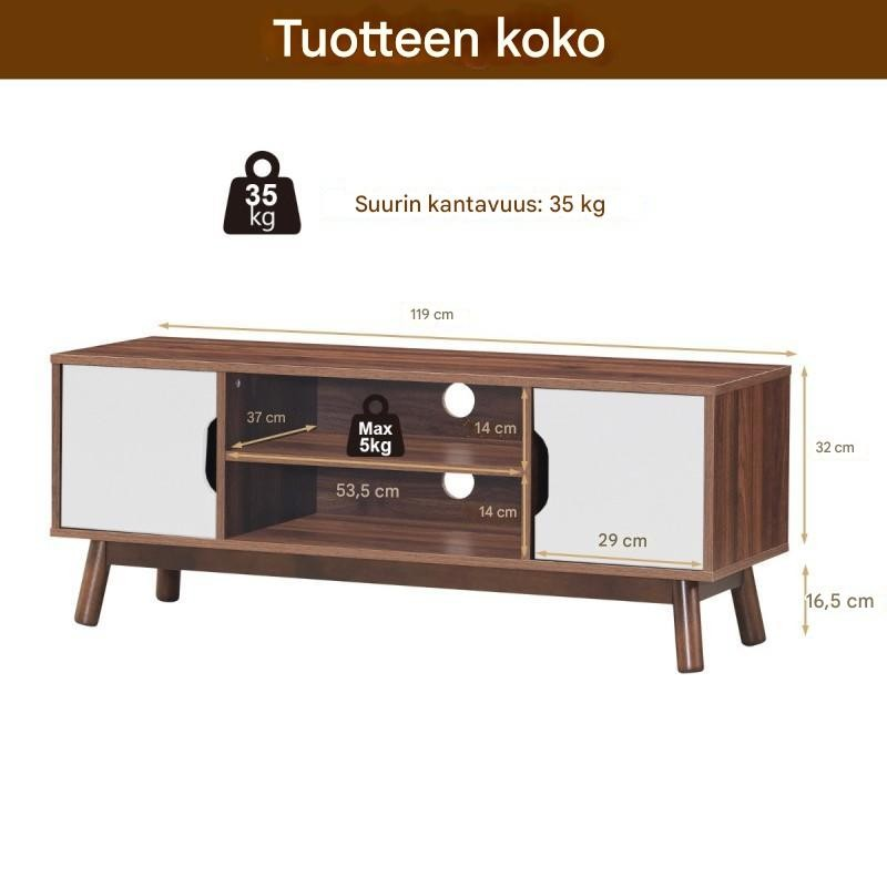 Puinen tv-taso 50 tuuman televisiolle valkoisilla ovilla