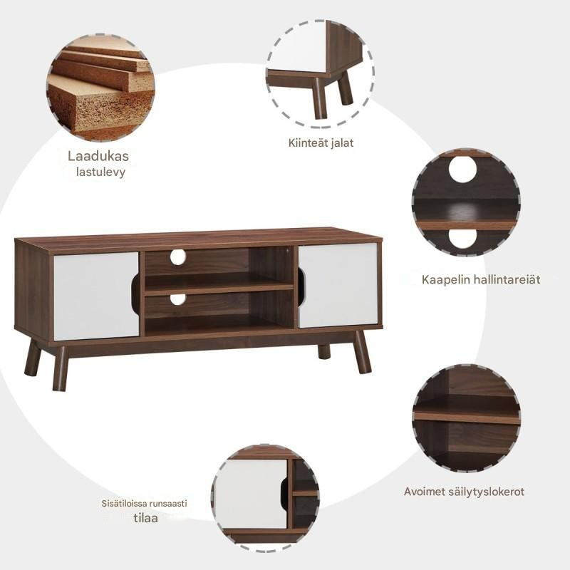 Puinen tv-taso 50 tuuman televisiolle valkoisilla ovilla