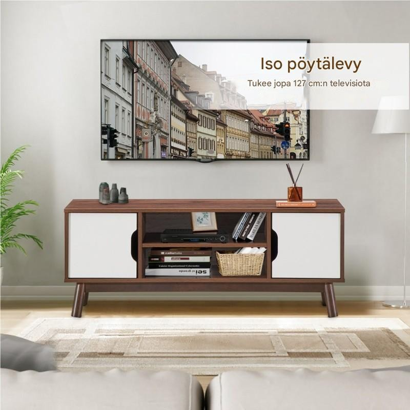 Puinen tv-taso 50 tuuman televisiolle valkoisilla ovilla