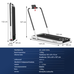 Taitettava 2-in-1 juoksumatto valkoinen, hiljainen moottori, LED-näyttö
