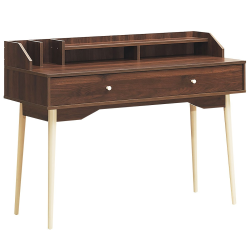 Monikäyttöinen ruskea tietokonepöytä laatikolla ja hyllyillä