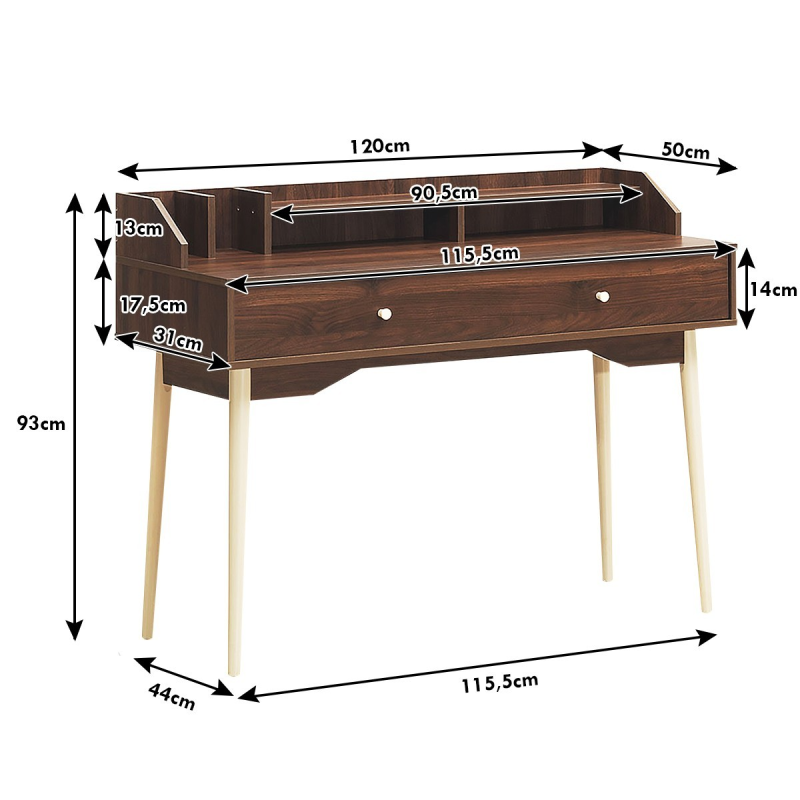 Monikäyttöinen ruskea tietokonepöytä laatikolla ja hyllyillä