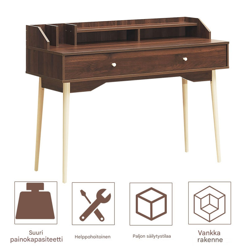 Monikäyttöinen ruskea tietokonepöytä laatikolla ja hyllyillä