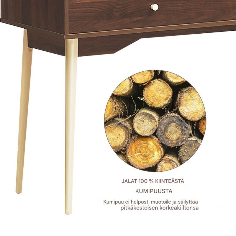 Monikäyttöinen ruskea tietokonepöytä laatikolla ja hyllyillä