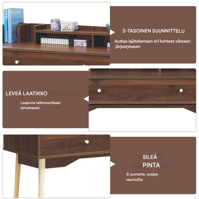 Monikäyttöinen ruskea tietokonepöytä laatikolla ja hyllyillä