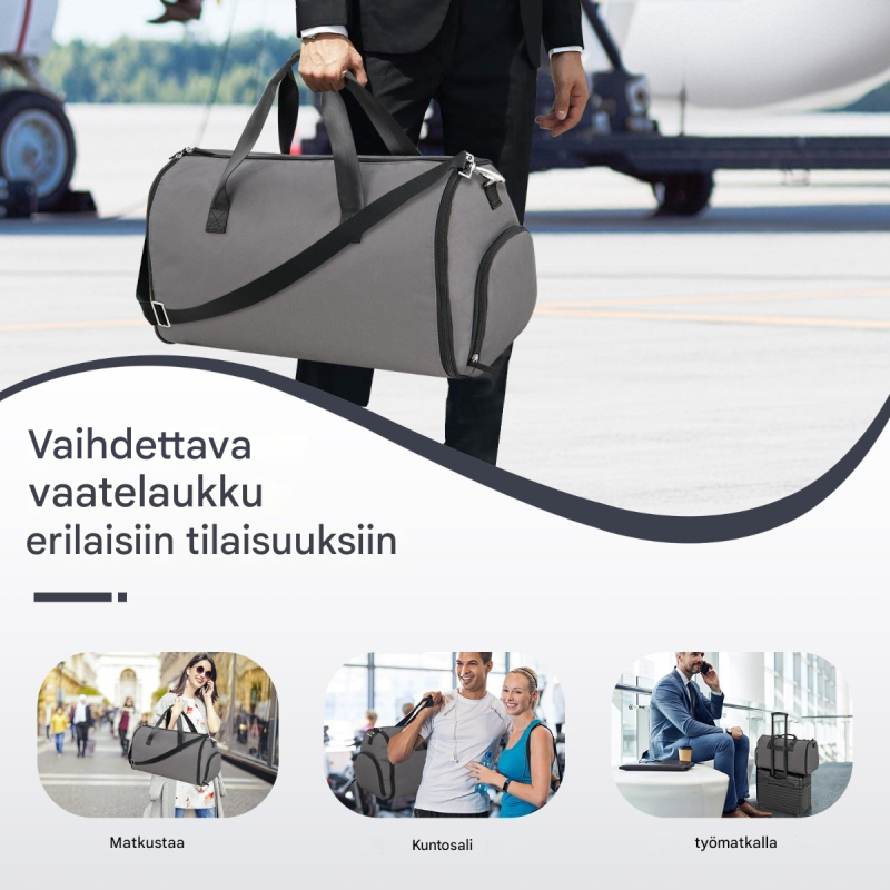 Käsimatkatavaralaukku tummanharmaa 2-in-1 vaatepussi ja kenkälokero