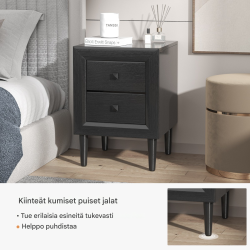 Moderni musta yöpöytä kahdella laatikolla ja säilytystilalla