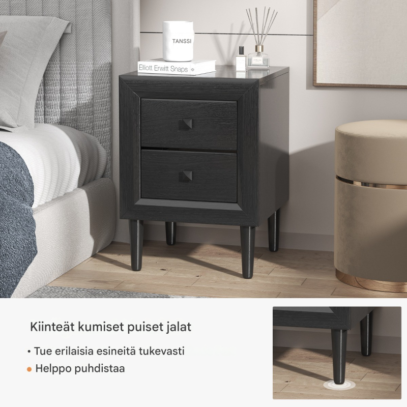 Moderni musta yöpöytä kahdella laatikolla ja säilytystilalla