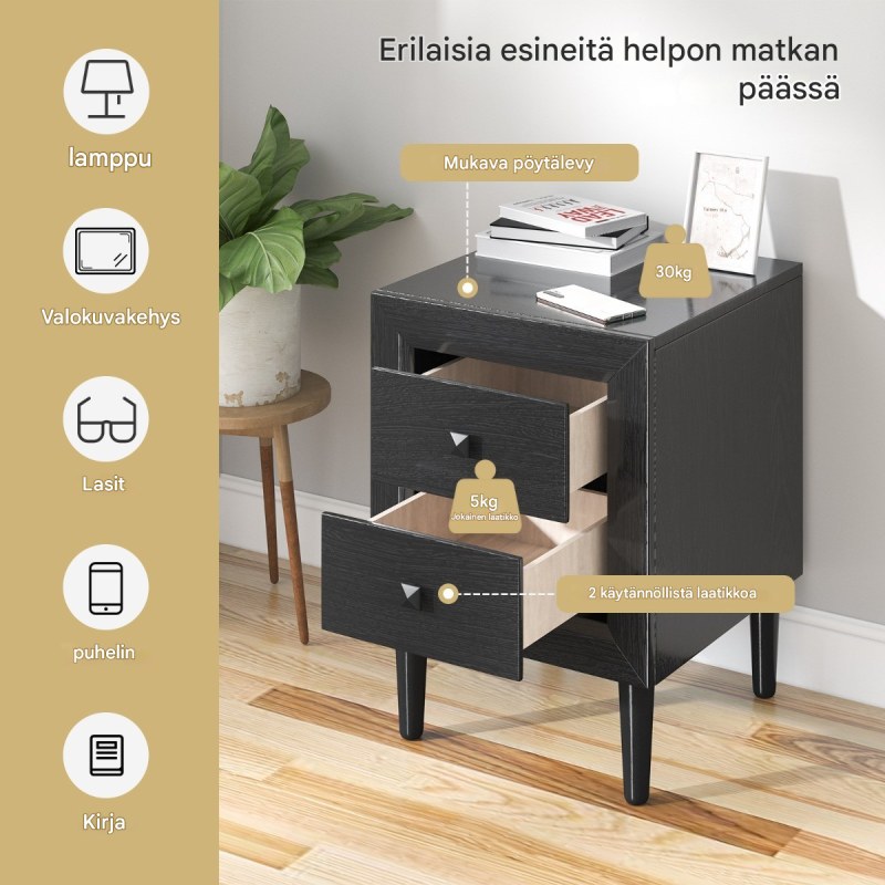 Moderni musta yöpöytä kahdella laatikolla ja säilytystilalla