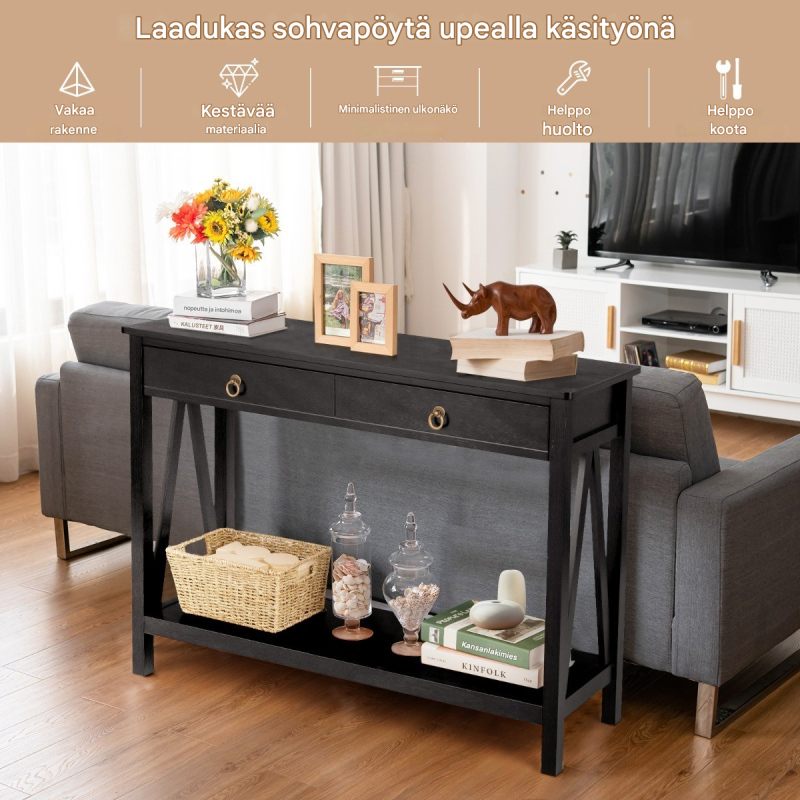Kaksi mustaa yöpöytää laatikoilla ja kumipuujaloilla