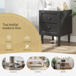 Kaksi mustaa yöpöytää laatikoilla ja kumipuujaloilla