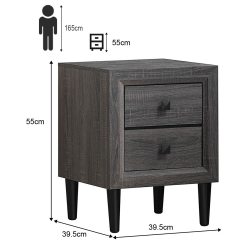Harmaa puinen yöpöytä kahdella laatikolla ja moderni muotoilu