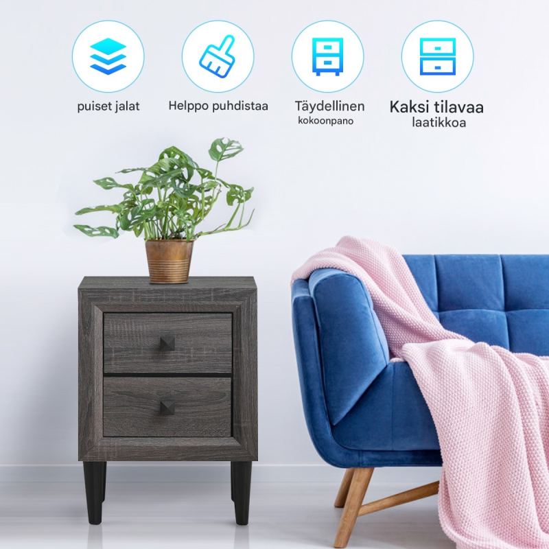 Harmaa puinen yöpöytä kahdella laatikolla ja moderni muotoilu