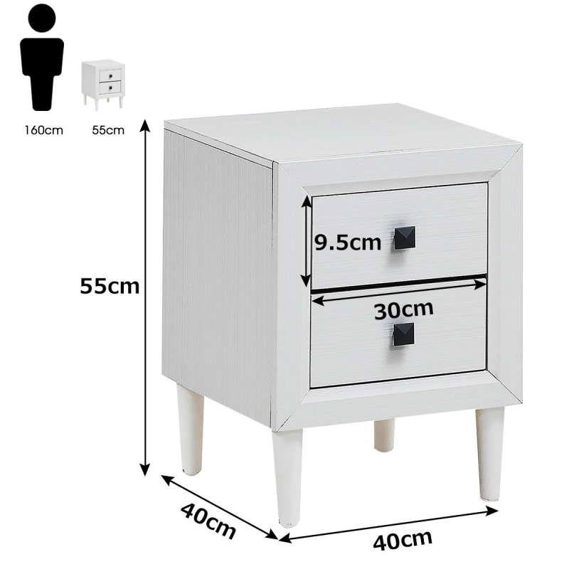 Valkoinen puinen yöpöytä kahdella laatikolla moderniin sisustukseen