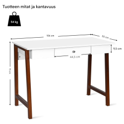 Monikäyttöinen ruskea työpöytä laatikolla ja kumipuujaloilla