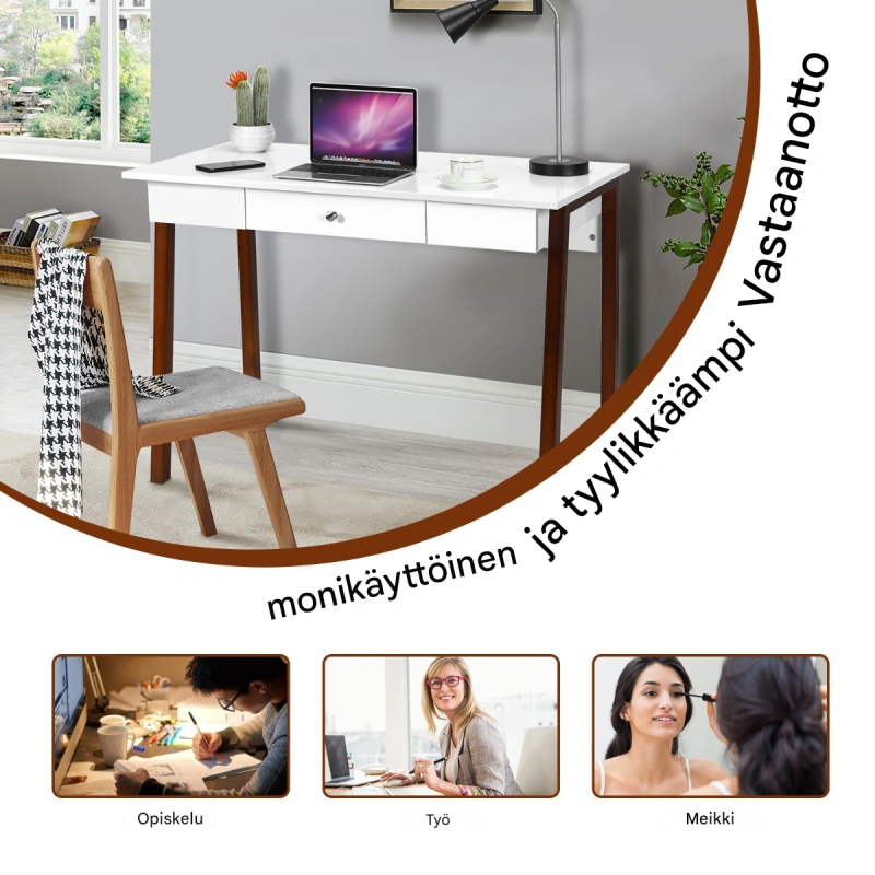 Monikäyttöinen ruskea työpöytä laatikolla ja kumipuujaloilla