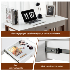 Monikäyttöinen ruskea työpöytä laatikolla ja kumipuujaloilla