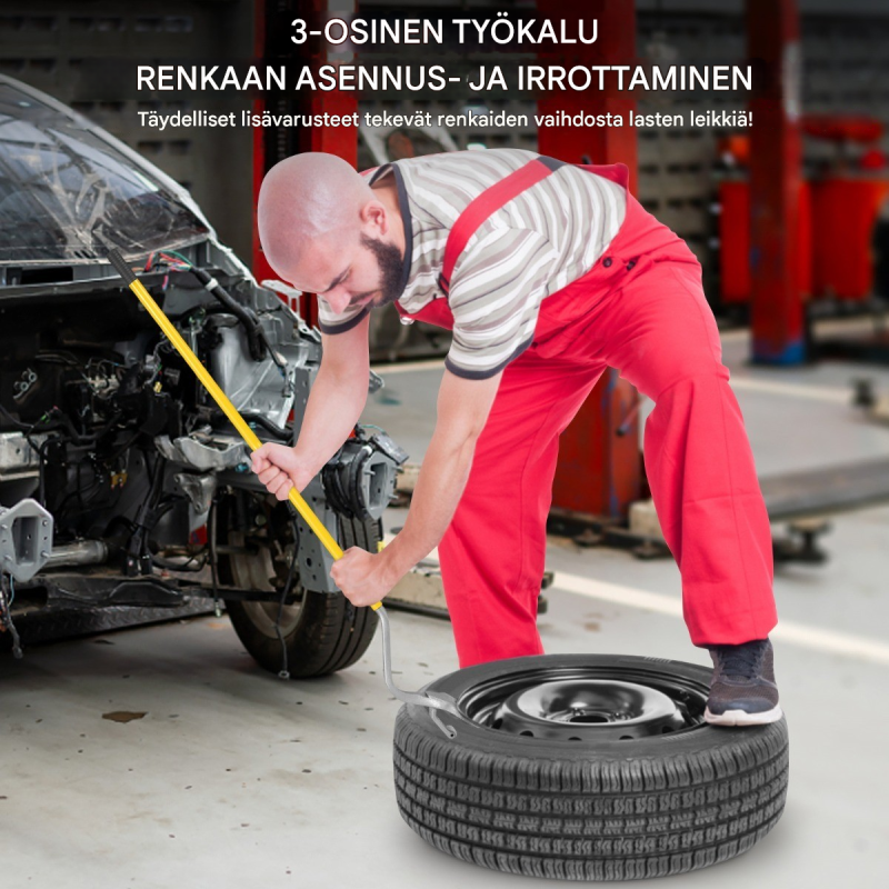3-osainen keltainen renkaanvaihtotyökalusarja teräsvannepidikkeellä
