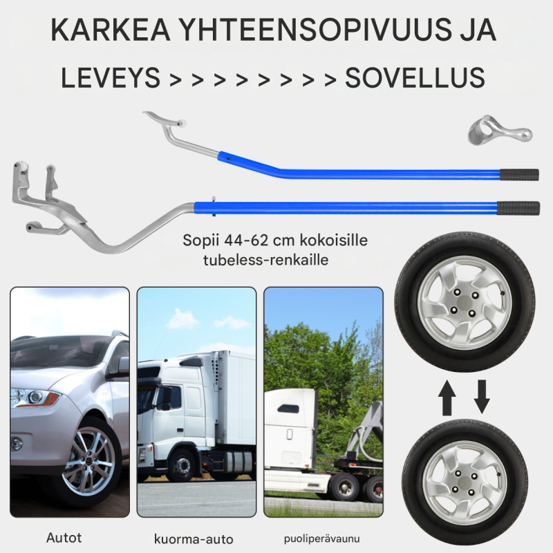 3-osainen sininen renkaanvaihtotyökalusarja teräsvannepidikkeellä