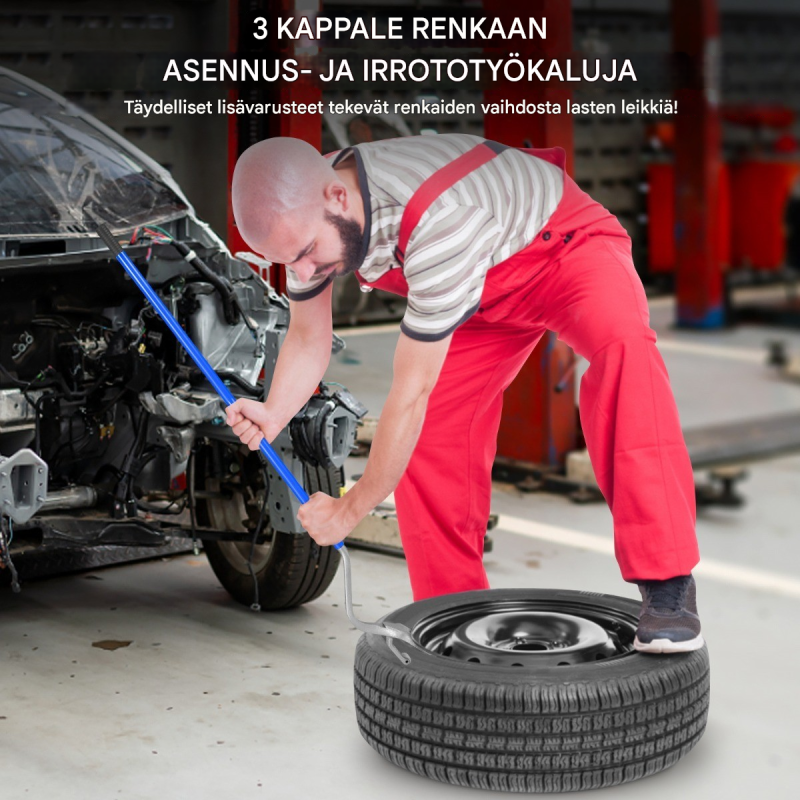 3-osainen sininen renkaanvaihtotyökalusarja teräsvannepidikkeellä
