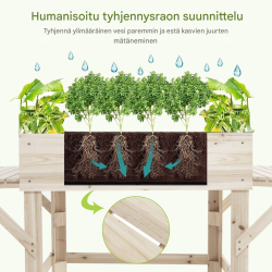 Korkea istutuslaatikko sivuhyllyillä, luonnollinen kuusipuu