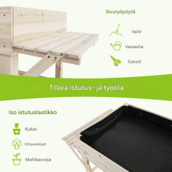 Korkea istutuslaatikko sivuhyllyillä, luonnollinen kuusipuu