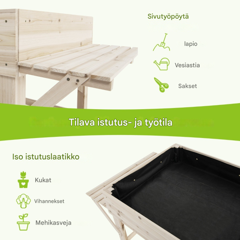 Korkea istutuslaatikko sivuhyllyillä, luonnollinen kuusipuu