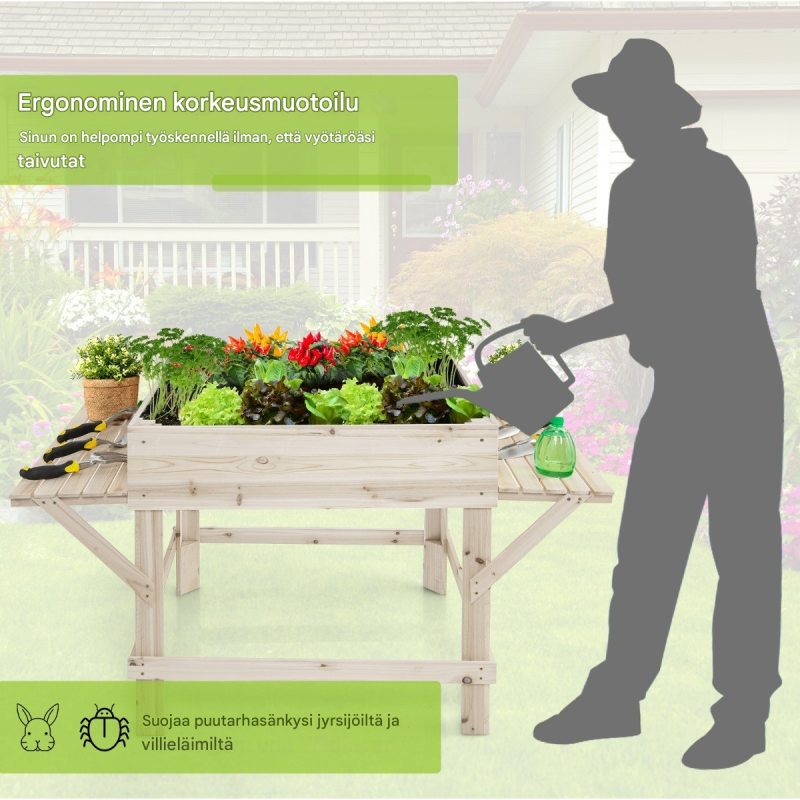 Korkea istutuslaatikko sivuhyllyillä, luonnollinen kuusipuu