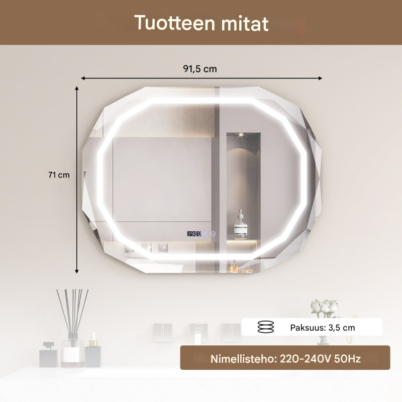 Huurteenpoistava LED-kylpyhuonepeili muistitoiminnolla ja lämpötilanäytöllä