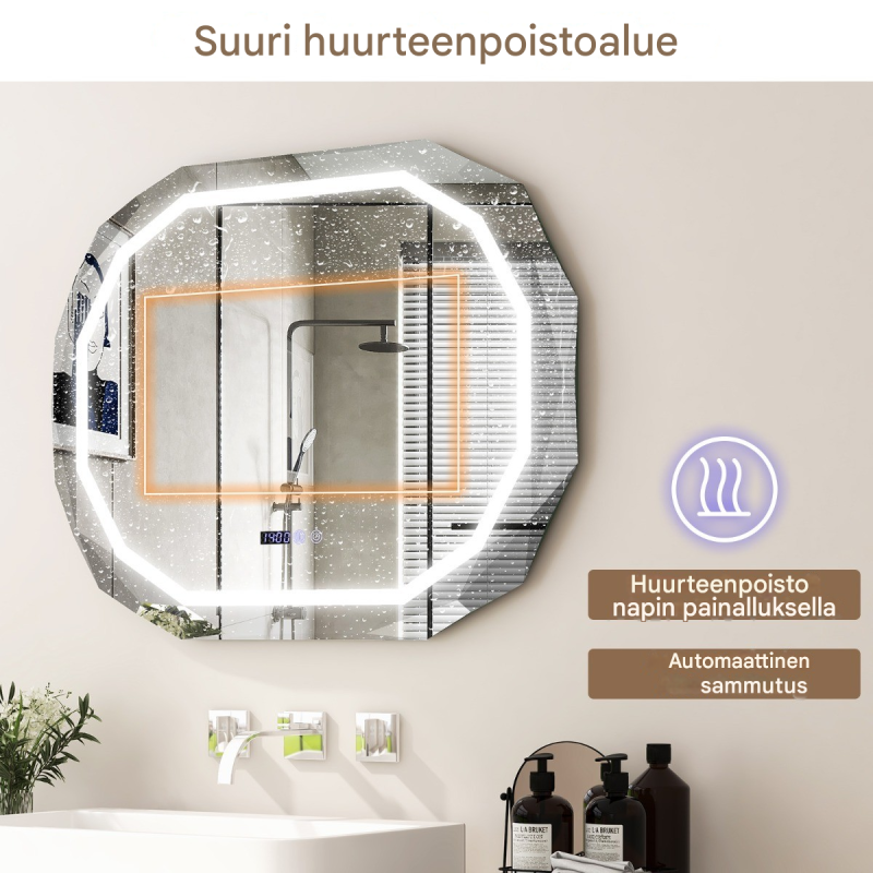 Huurteenpoistava LED-kylpyhuonepeili muistitoiminnolla ja lämpötilanäytöllä