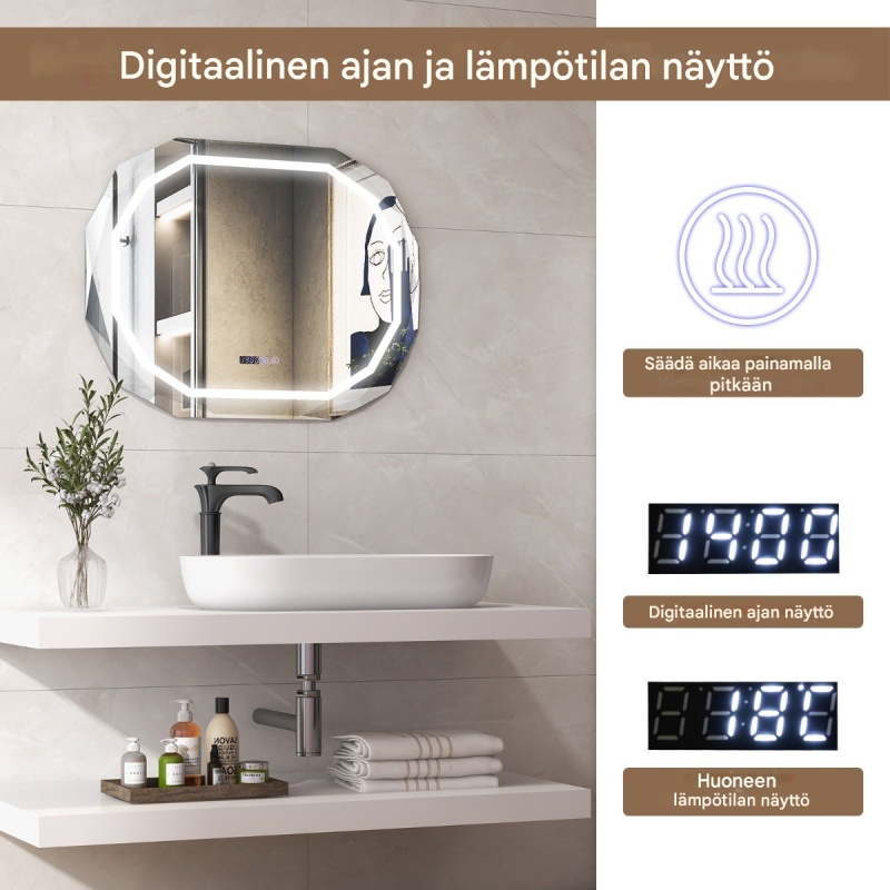 Huurteenpoistava LED-kylpyhuonepeili muistitoiminnolla ja lämpötilanäytöllä