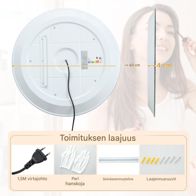 Pyöreä LED-kylpyhuonepeili huurteenpoistolla ja kosketusohjauksella