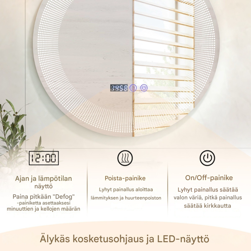 Pyöreä LED-kylpyhuonepeili huurteenpoistolla ja kosketusohjauksella