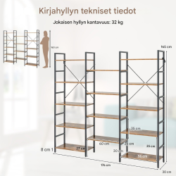 Kolminkertainen leveä rustiikkinen kirjahylly metallirungolla Kolminkertainen leveä rustiikkinen kirjahylly metallirungolla