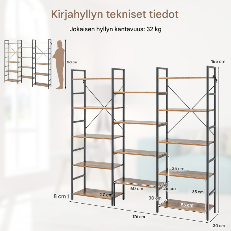 Kolminkertainen leveä rustiikkinen kirjahylly metallirungolla Kolminkertainen leveä rustiikkinen kirjahylly metallirungolla