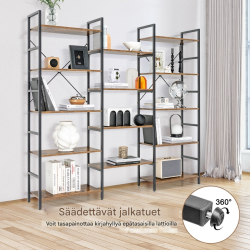 Kolminkertainen leveä rustiikkinen kirjahylly metallirungolla Kolminkertainen leveä rustiikkinen kirjahylly metallirungolla