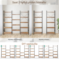 Kolminkertainen leveä rustiikkinen kirjahylly metallirungolla Kolminkertainen leveä rustiikkinen kirjahylly metallirungolla