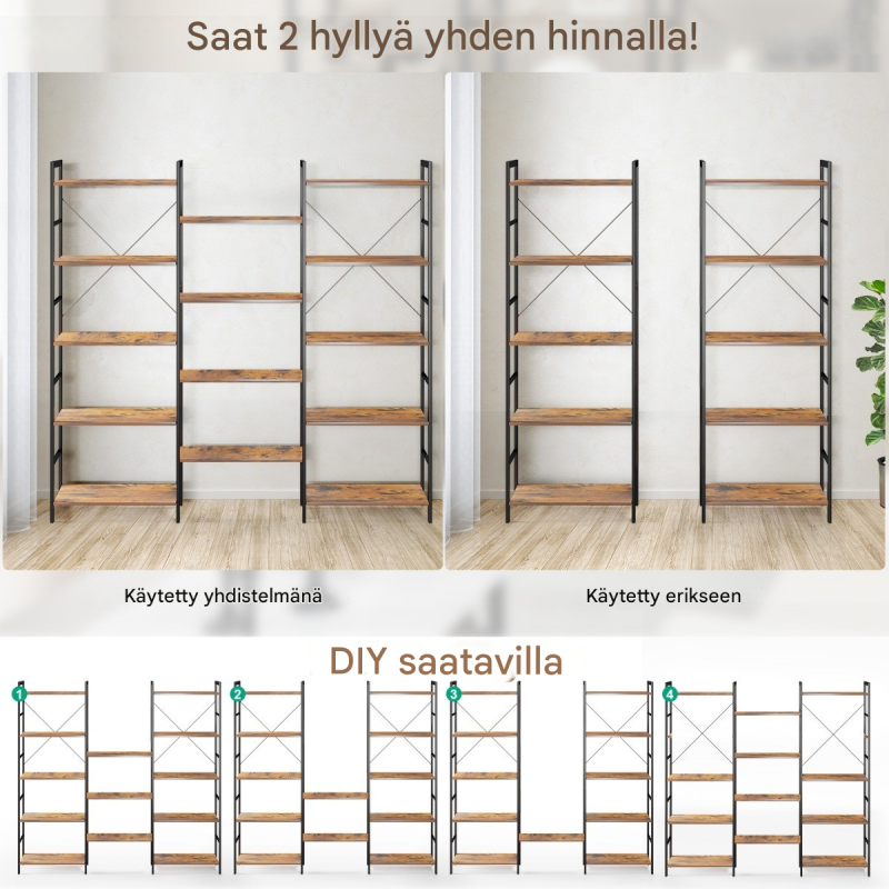Kolminkertainen leveä rustiikkinen kirjahylly metallirungolla Kolminkertainen leveä rustiikkinen kirjahylly metallirungolla