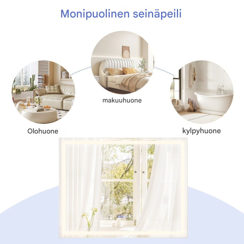 Hopeanvärinen huurteenestolla varustettu säädettävä LED-seinäpeili