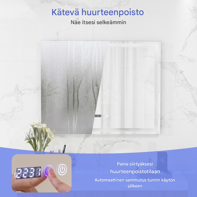 Hopeanvärinen huurteenestolla varustettu säädettävä LED-seinäpeili